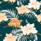 Seamless pattern, light vintage colors palm leaves and hibiscus flowers on darck green background.