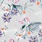 Seamless pattern, light vintage colors palm leaves and pink lilies, clematis and exotic tropical paradise flowers on vintage blue