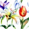 Seamless pattern with Lily and Tulips flowers