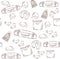 Seamless pattern. Line and stroke on a white background things and tourism. Everything for travel - a suitcase, clothes