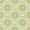 Seamless Pattern With Line Style Croissants And Donuts On Muted Retro Color Background.
