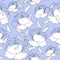 Seamless pattern with linear peony flowers from black outlines on a pale blue background