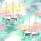 Seamless pattern with linear sketch of boats with coloured textures
