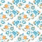 Seamless pattern in lino style, teapots anf leaves