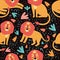 Seamless pattern lion and tropic plants and leaves. Funny cartoon animal in the jungle. Cute wild cats background. Africa, safari