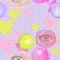 seamless pattern lips with gum eyes shiny pearl hearts on a shiny background