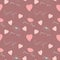 Seamless pattern with lips, hearts, eyes and romantic inscriptions about love drawn in the style of doodle.