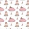 seamless pattern a little cute pink pig lies on its back gorged on cake with a plate of cake