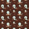 seamless pattern little ghost lies on a pebble and drinks soda on a dark background