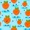 Seamless Pattern Little Persimmons on Blue Background. Cute and Happy Persimmon Characters Smile, Dance, Wave and Jump
