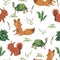 Seamless pattern with little squirrel, fox, turtle, bush, flowers, leaves, berries. Cute cartoon characters.