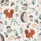 Seamless pattern with little squirrel, hedgehog, plants and mushrooms.  Design in watercolor style for baby shower party, wallpape