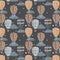 Seamless pattern of liver chestnut, almond, tan crayola color hot air balloon with pewter blue color clouds and almond color stars