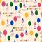 Seamless pattern with llama, alpaca faces. Birthday theme. Caps, balloons, inscription happy birthday