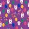 Seamless pattern with llama, alpaca faces. Birthday theme. Caps, balloons, inscription happy birthday