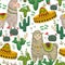 Seamless pattern with llama animal, sombrero, cacti and floral elements.