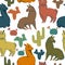 Seamless pattern with llama animals and cacti. Colorful decorative background. Cartoon characters.