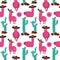 Seamless pattern with llama in sombrero, cactus and hand drawn elements. Creative childish texture. Great for fabric, textile hand