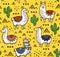 Seamless pattern of llamas, cactuses and geometric mountains.