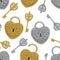 Seamless pattern from locks and keys  gold and silver. Vector illustration.