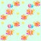 Seamless pattern with lollipops, multicolored caramel and bright splashes on a mint background - full color vector illustration.