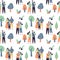 Seamless pattern with love couples with children outdoors. People together walking in park. Texture background with cute family