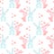 Seamless pattern love, cute pink bunny kisses a blue bunny and hearts. Children\\\'s print, kids bedroom decor