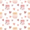 Seamless pattern of love shape hearts cookies, jars of jam on a light background. Vector image for Valentine`s Day, lovers, prints