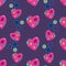 Seamless pattern, love to sew, hobby. Handmade stitched hearts with patches and multi-colored buttons. Wrapping gift paper, baby