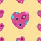 Seamless pattern, love to sew, hobby. Handmade stitched hearts with patches and multicolored buttons. Wrapping gift paper, baby