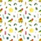 Seamless pattern with lovebird parrots on stick and tropical leaves and flowers.