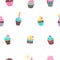 Seamless pattern. Lovely birthday cakes with candles. For printing on textiles, paper