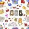 Seamless pattern with lovely cats, jars of jam, cooking kitchenware objects.