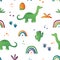 Seamless pattern with lovely dinosaur items. Dino colorfull print for kids decor.