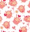 Seamless pattern of loving cute sheep for a Valentines day. Cartoon happy jumping sheep with hearts and love letters and