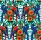 Seamless pattern with macaws, flowers and palm leaves.