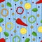 Seamless pattern made from hand drawn lemons, chilli, pepper. Blue wood background.