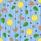 Seamless pattern made from hand drawn lemons, shrimps, pepper. Blue wood background. For packaging, advertisements, menu for cafe