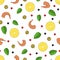Seamless pattern made from hand drawn lemons, shrimps, pepper. White background. For packaging, advertisements, menu for cafe and