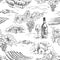 Seamless pattern made with monochrome hand drawn grape branches, bottle and glass on rural scene background. Winemaking theme