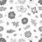 Seamless pattern made of stylized flowers, stars, and clouds. Hand-drawn doodle ornaments for prints on textile, wrapping paper