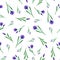 Seamless pattern made of tiny purple flowers around on a white background.