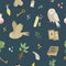 Seamless pattern with magic items, symbols and tools.