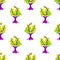 Seamless pattern with magic mushrooms on a white background. Fantastic mushroom pattern of purple stems and green