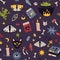 Seamless pattern with magic occult things like witch hat, cat, cauldron, cartoon style. Witchcraft, withcore aesthetic