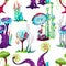 Seamless pattern with magic plants and mushrooms, cartoon vector illustration.