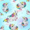 Seamless pattern with magic unicorns. Blue sky background with stars. For boys. Vector