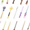 Seamless pattern. Magic wand set. Fantasy staff collection. Magical equipment for games or cartoons. Flat vector illustration on