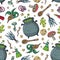 Seamless pattern of Magician and alchemy tools: mandrake, crystal, roots, potion, feather, mushrooms, spoon. Halloween