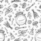 Seamless pattern of Magician and alchemy tools: mandrake, crystal, roots, potion, feather, mushrooms, spoon. Halloween